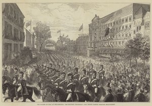 De Vierde Juli in Philadelphia, de Militaire Processie, Stadstroepen die door Broad-Street trekken